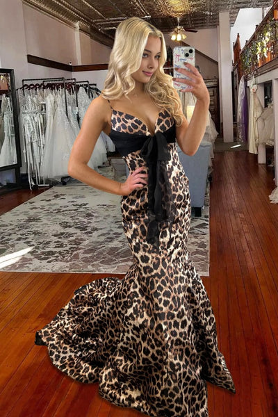 Fuchsia Spaghetti Straps Polka Dots Mermaid Formal Prom Dresses With Bow