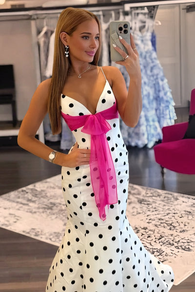 Fuchsia Spaghetti Straps Polka Dots Mermaid Formal Prom Dresses With Bow