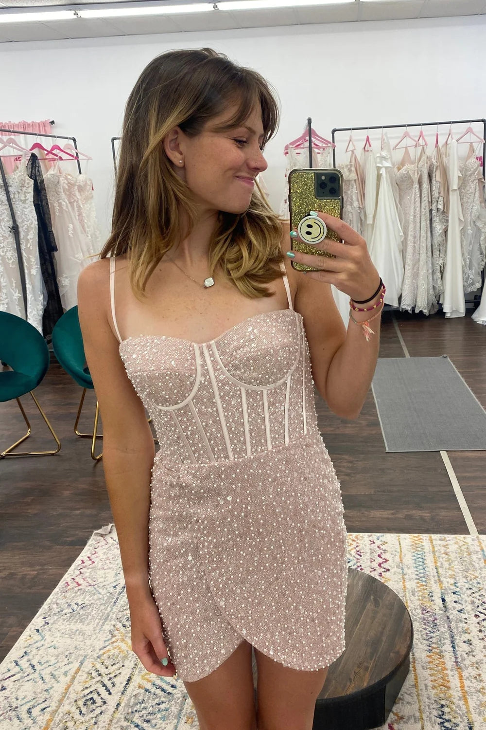 Sparkly Champagne Beaded Sequins Tight Short Homecoming Dress VK23082102