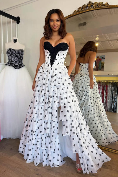 Cute A Line Sweetheart White Black Dot Chiffon Prom Dress VK16020303