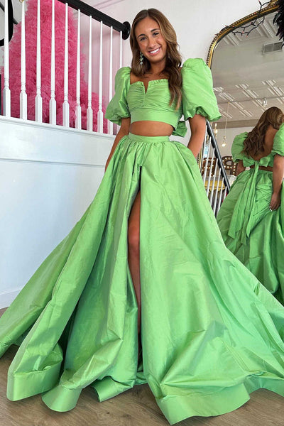 Two Piece Green Balloon Sleeves Long Prom Dress with Slit VK23110304
