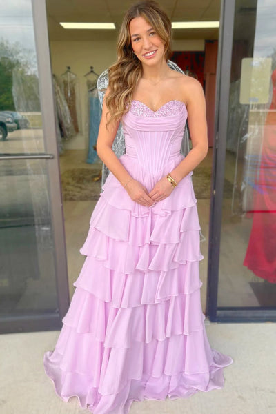 A Line Sweetheart Pink Chiffon Tiered Prom Dress with Beading VK162704