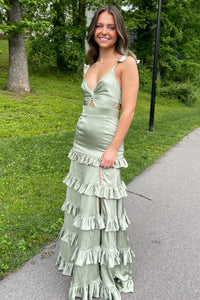 Simple Sheath V Neck Sage Green Silk Satin Long Prom Evening Dresses with Slit VK23080603