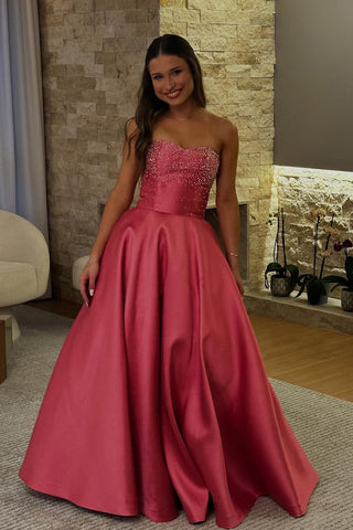 A-Line Sweetheart Fuchsia Satin Long Prom Dresses with Beadings VK25102208