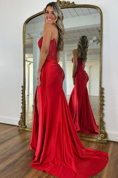 Gorgeous Mermaid Strapless Royal Blue Corset Beaded Prom Dresses with Slit VK26020508