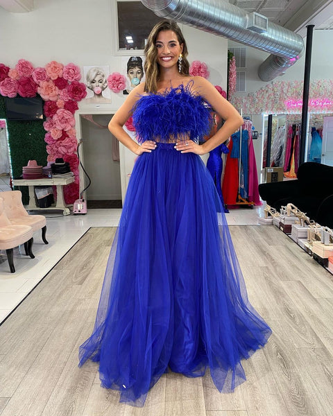 Cute Ball Gown Strapless Royal Blue Tulle Long Prom Dresses with Feather VK23050707
