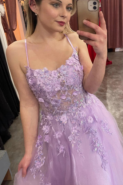 Lilac Appliques Straps A-line Long Prom Dress VK23103005