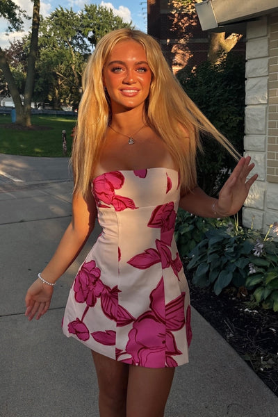 Cute A-Line Strapless Pink Floral Printed Short Homecoming Dress VK25092604