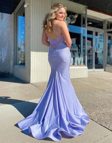 Lavender Spaghetti Straps Long Prom Dress With Butterfly Back VK24030102