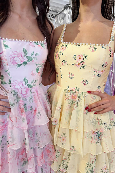 A Line Square Neck Floral Chiffon Long Prom Dress with Pearls VK030508