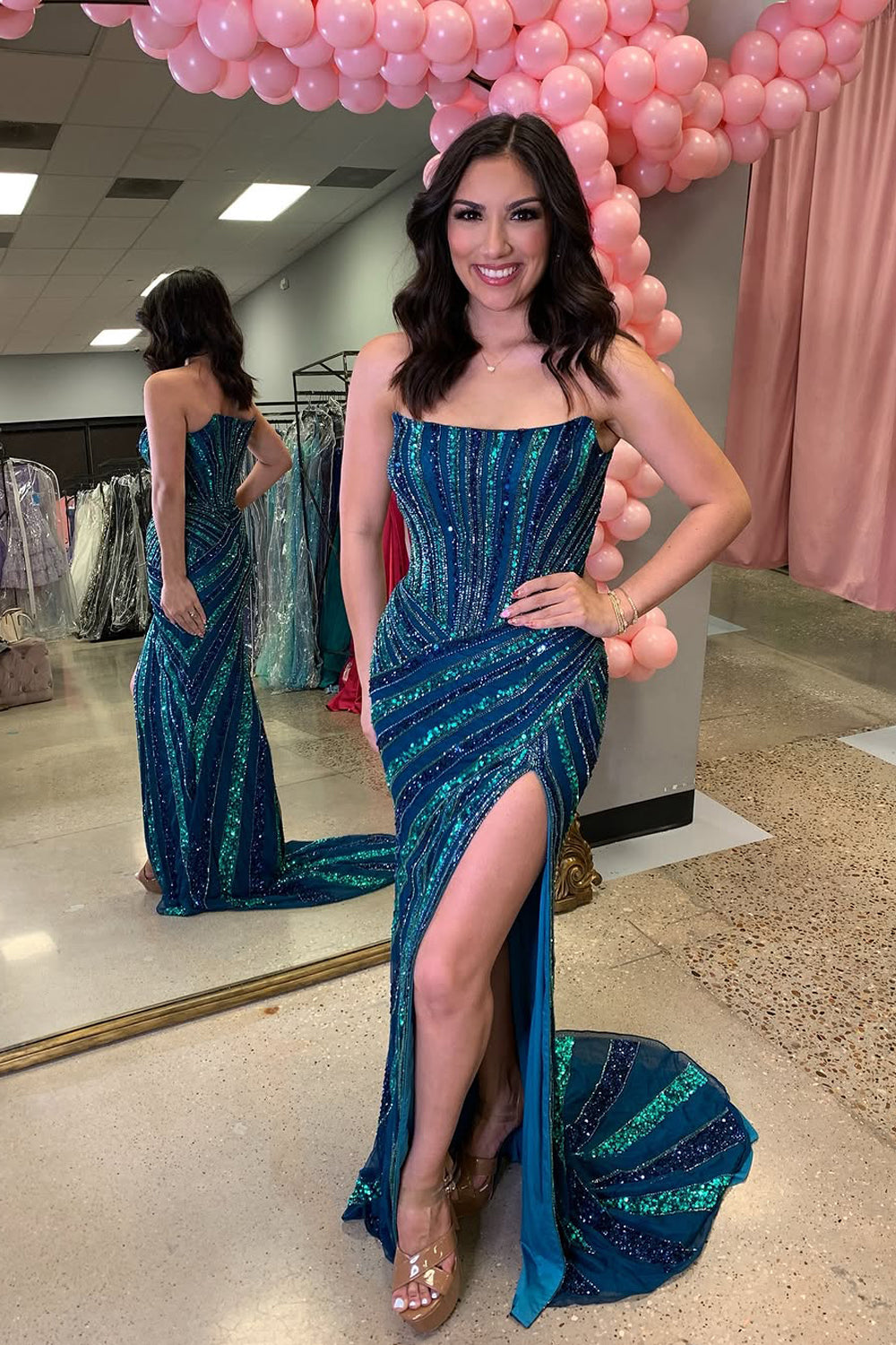 Mermaid Strapless Blue Sequins Long Prom Dress with Slit VK25030701
