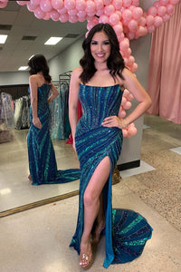 Mermaid Strapless Blue Sequins Long Prom Dress with Slit VK25030701