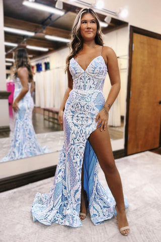Light Blue V Neck Sequins Lace Mermaid Long Prom Dresses with Slit VK24031202