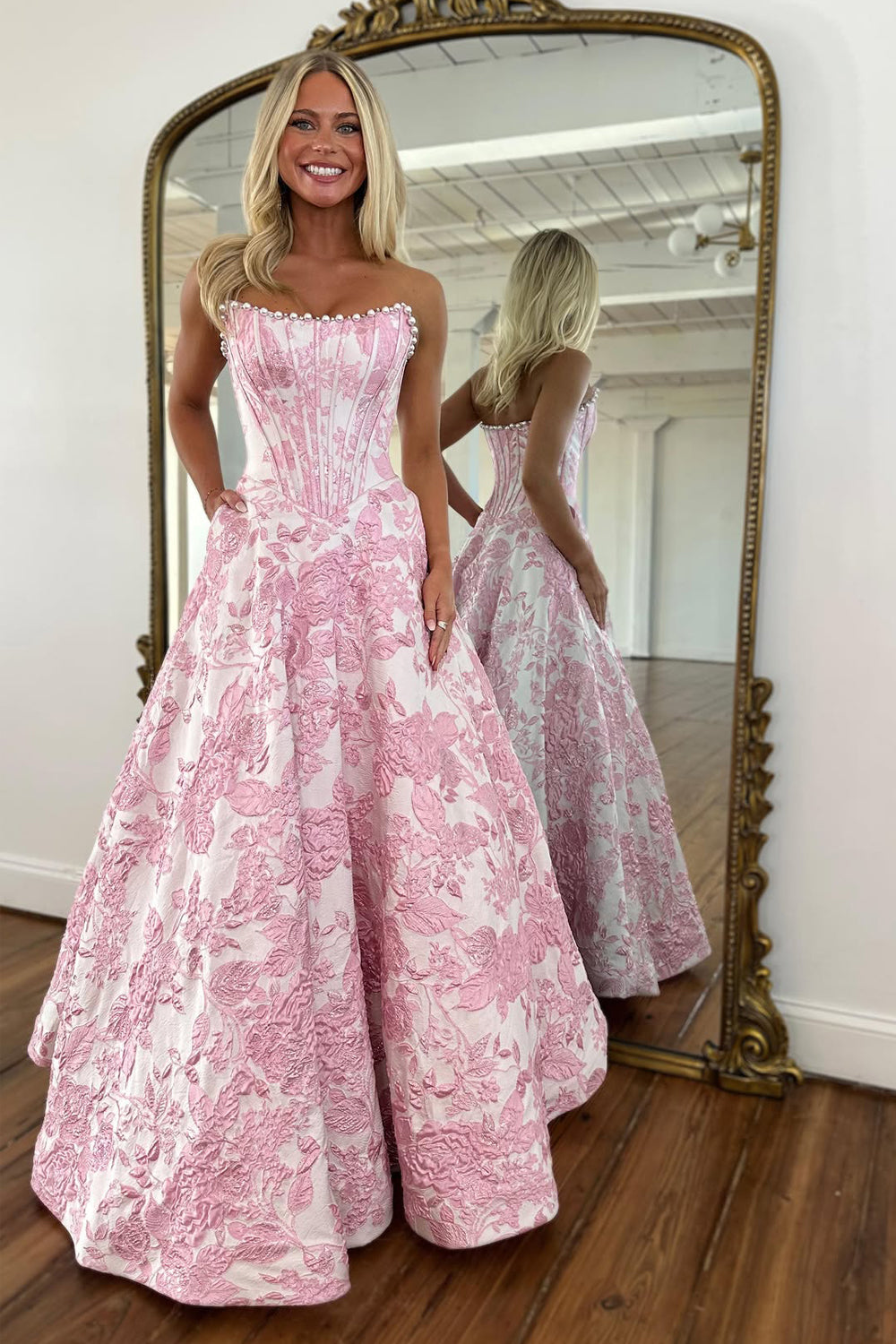 Gorgeous A Line Scoop Neck Jacquard Satin Prom Dress with Pearls VK25121501 Vickidress Gorgeous A Line Scoop Neck Jacquard Satin Prom Dress with Pearls VK25121501 Vickidress