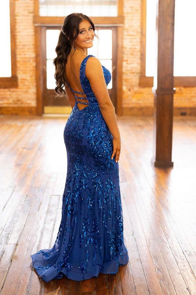 Blue V Neck Sequins Mermaid Long Prom Dresses VK24041403