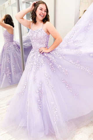 Lilac Scoop Neck Tulle A-Line Prom Dresses with Appliques VK24051105