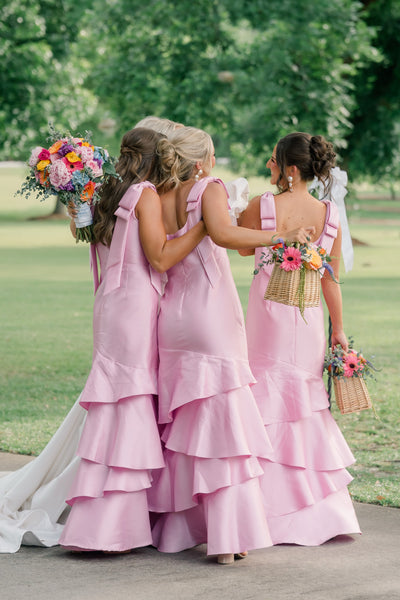 Mermaid Square Neck Bows Straps Ruffle Tiered Long Bridesmaid Dresses VK26081901
