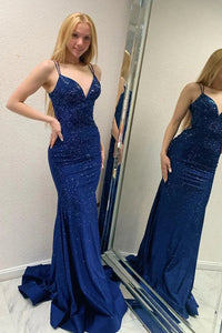 Sparkly Navy Beaded Mermaid Backless Long Prom Dress VK23092901