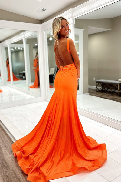 Cute Mermaid V Neck Orange Elastic Satin Slit Prom Dress VK25010904