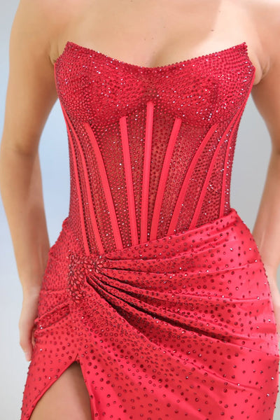 Gorgeous Mermaid Scoop Neck Red Satin Slit Prom Dress with Hot Stone VK5111405