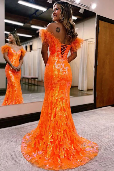 Sparkly Orange Sequins Off the Shoulder Mermaid Long Prom Dress with Feathers VK23100304