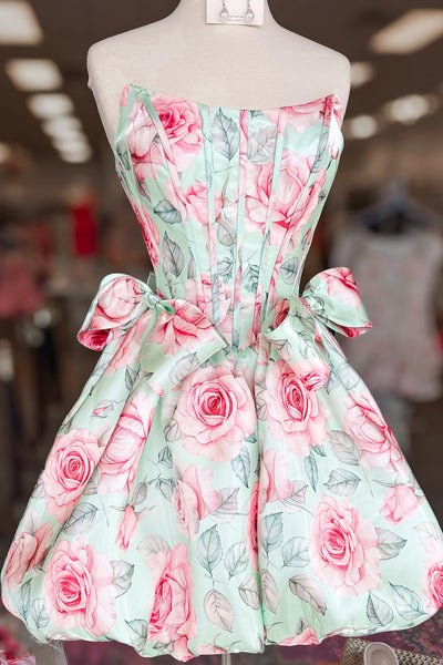 A Line Scoop Neck Floral Satin Short Homecoming Dress VK26071607