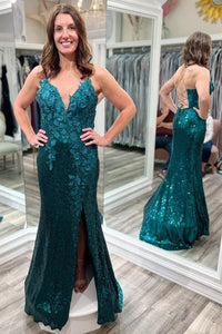 Forest Green Sequin 3D Floral Lace Plunge V Long Formal Dress VK23110910