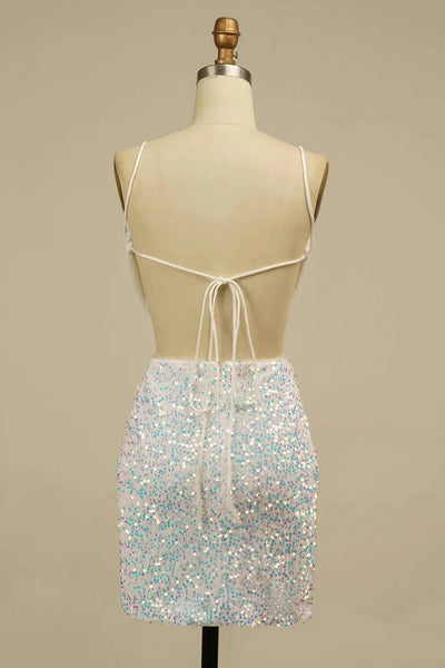 White Sequined Backless Homecoming Dress VK23062104