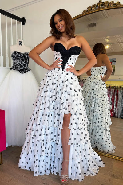 Cute A Line Sweetheart White Black Dot Chiffon Prom Dress VK16020303