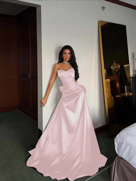 Black Satin Sweetheart Strapless Sleeveless Long A-Line Prom Dress With Pleated