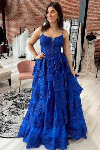 Royal Blue Straps Tiered A-Line Prom Dress with Sequins VK23110303