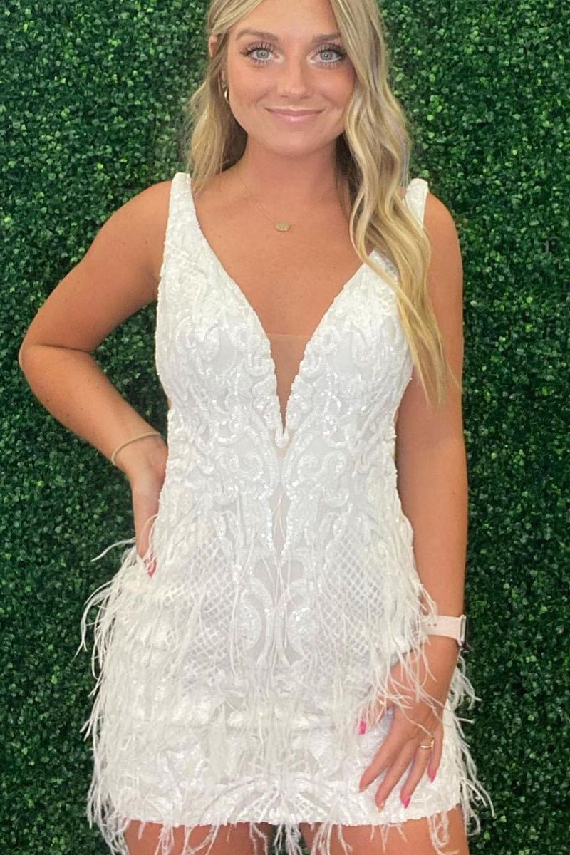 Charming Bodycon V Neck White Lace Appliques Short Homecoming Dresses with Feathers VK23072102