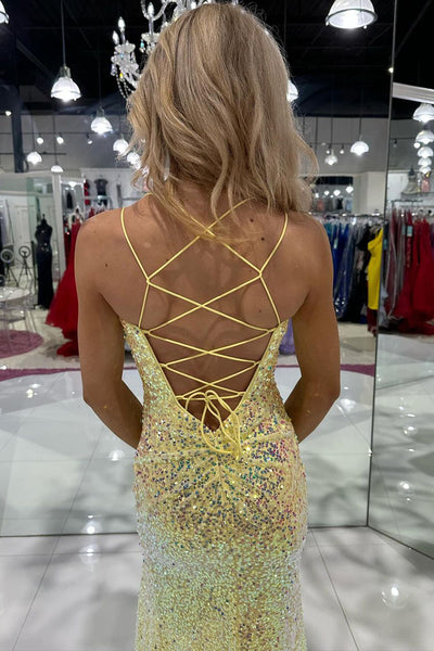 Yellow V Neck Sequins Mermaid Prom Dresses with Slit VK24032002