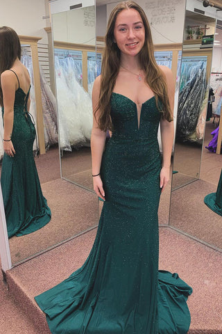 Dark Green Spaghetti Straps Beaded Mermaid Long Prom Dresses VK24022904