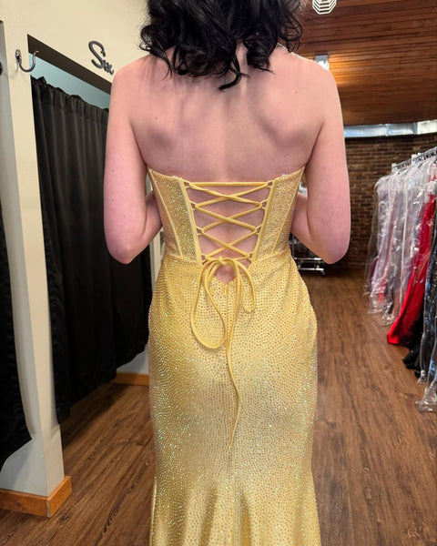 Mermaid Strapless Yellow Beaded Long Prom Dresses for Women Party Gowns VK25101405