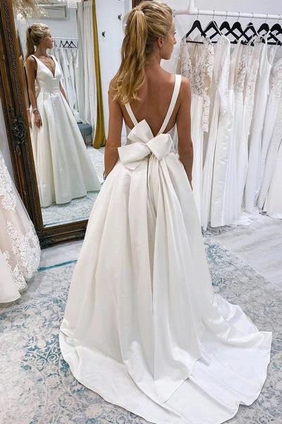 Ivory A-Line Deep V-Neck Long Wedding Dress with Bowknot VK23090105