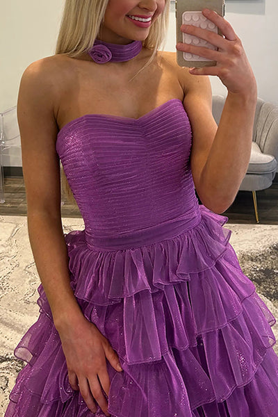 Gilitter Ball Gown Strapless Purple Organza Ruffle Tiered Prom Dresses with Slit VK26010704
