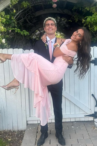 Off the Shoulder Pink Chiffon Ruffles Long Prom Dresses with Slit VK26011702