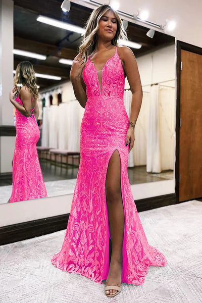 Cute Mermaid V Neck Blue Sequins Slit Prom Dress Party Dresses VK26031502