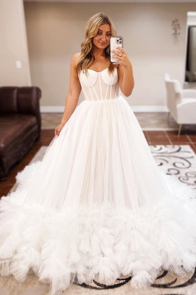 A-Line Off the Shoulder White Tulle Wedding Dresses VK23112507