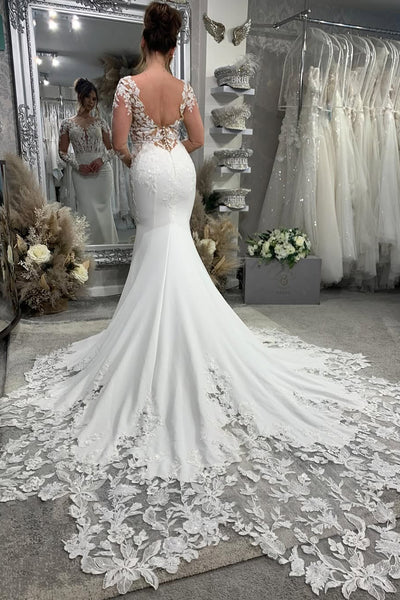 Gorgeous Mermaid V Neck Elastic Satin Wedding Dresses with Appliques VK25051704