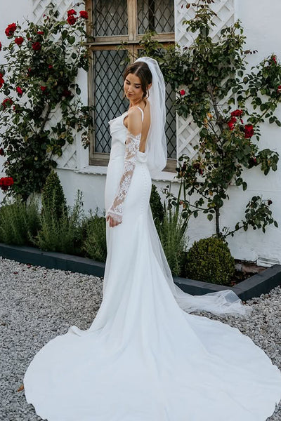 Simple Mermaid Cowl Neck Silk Satin Wedding Dresses with Appliques VK25092302
