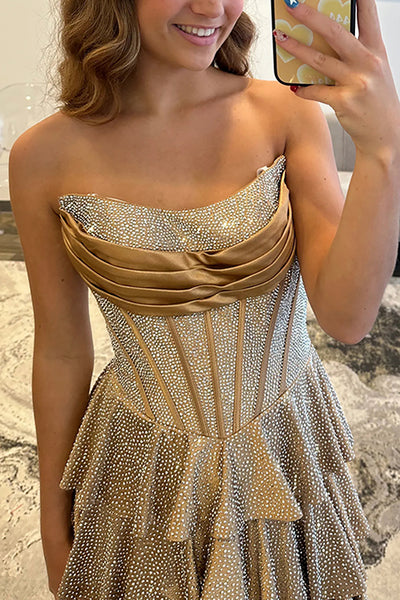 A-Line Strapless Champagne Satin Beaded Ruffle Tiered Long Prom Dresses with Slit VK26010701