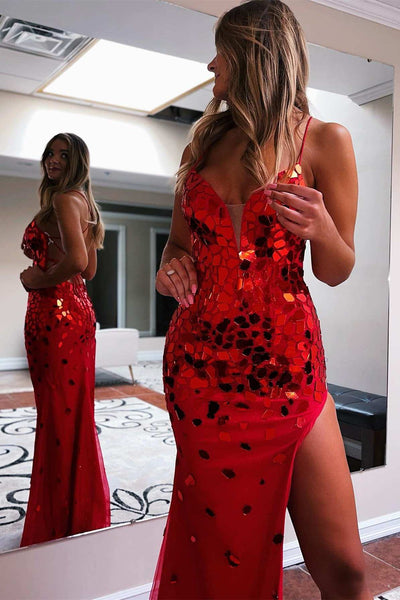 Cut Glass Mirror V-Neck Lace-Up Long Formal Dress with Slit VK23092608