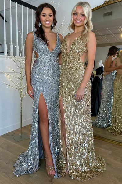 Gold Sequins Mermaid Long Prom Dresses with Slit VK24020802