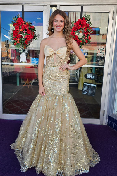 Sparkly Mermaid Strapless Champagne Sequins Appliques Long Prom Dresses with Bow VK26020701