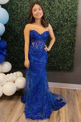 Blue Appliques Sweetheart Lace-Up Mermaid Long Formal Dress VK23110909