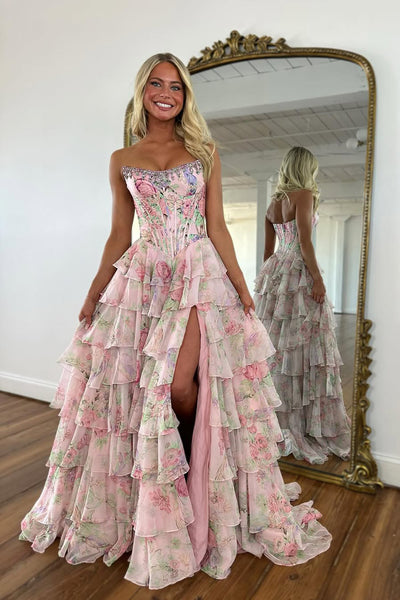 A-Line Strapless Floral Printed Chiffon Ruffle Tiered Corset Long Prom Dresses with Slit VK25102802