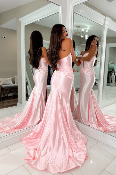 Mermaid Sweetheart Keyhole Light Pink Silk Satin Long Prom Dresses with Side Slit VK25102207