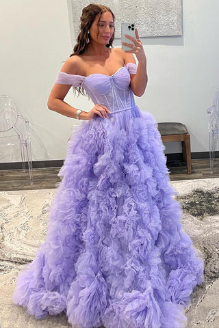 Lavender Tulle Off-the-Shoulder Long Prom Dress with Ruffles VK23093007